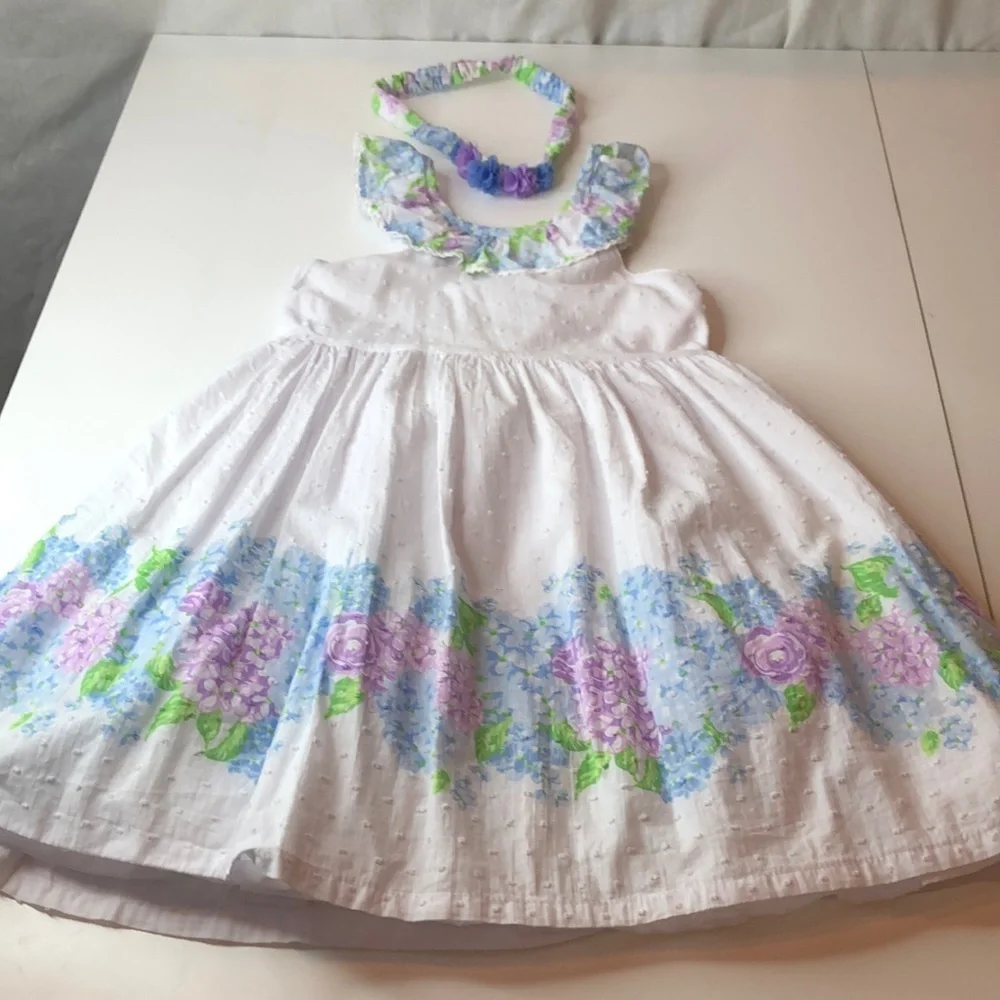 Tommy Bahama Girl's White Swiss Dot Garden Floral Dress & Headband Size 6 - Picture 2 of 14